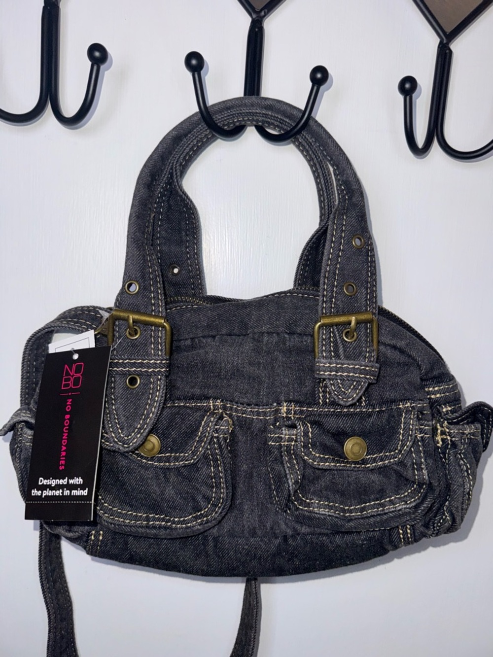 NWT NOBO Black Denim Double-Handle Satchel with Brass Hardware